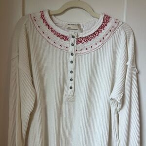 Free People Henley Top with Red Embroidery Detail